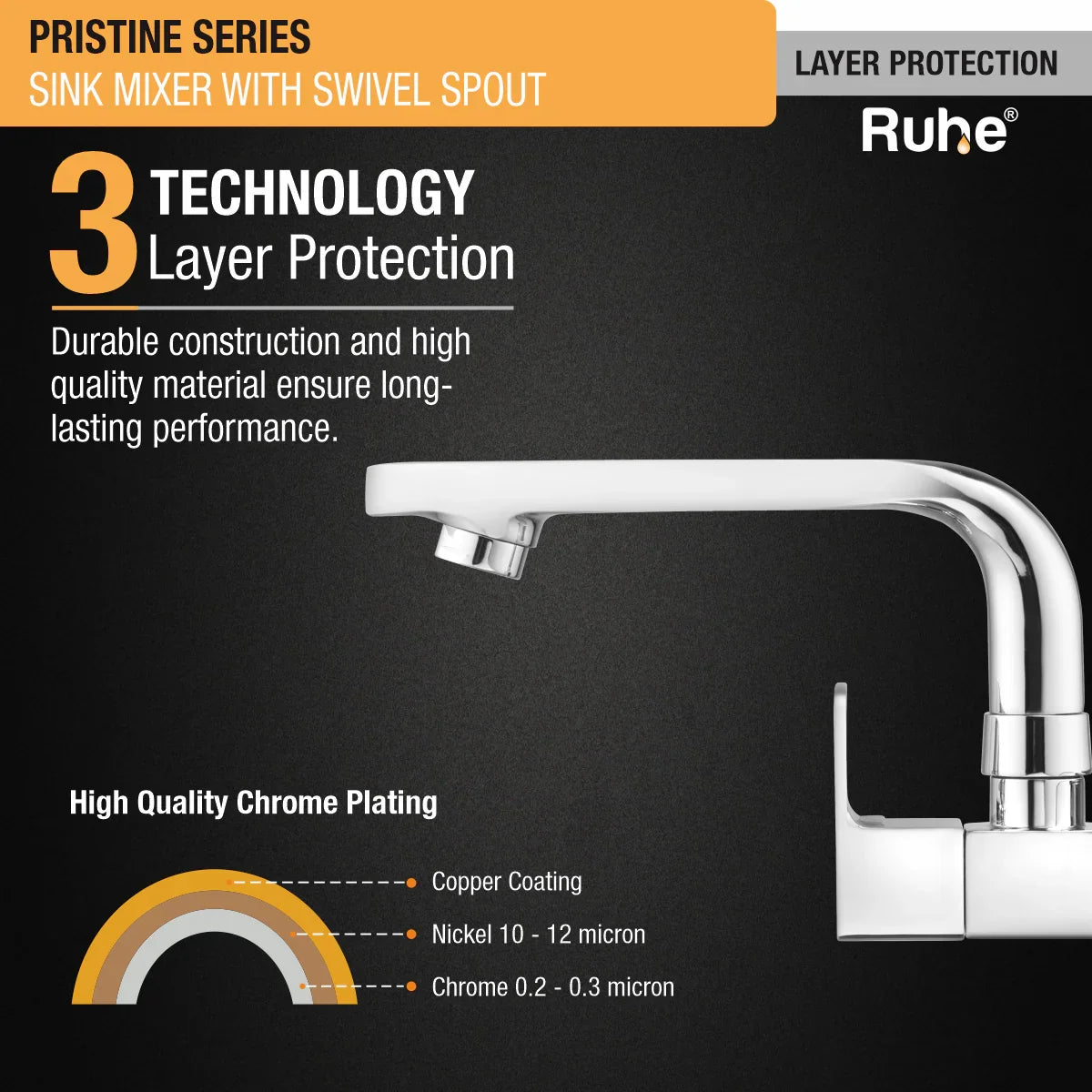 Pristine Sink Mixer with Small (7 inches) Swivel Spout Faucet 3 layer protection