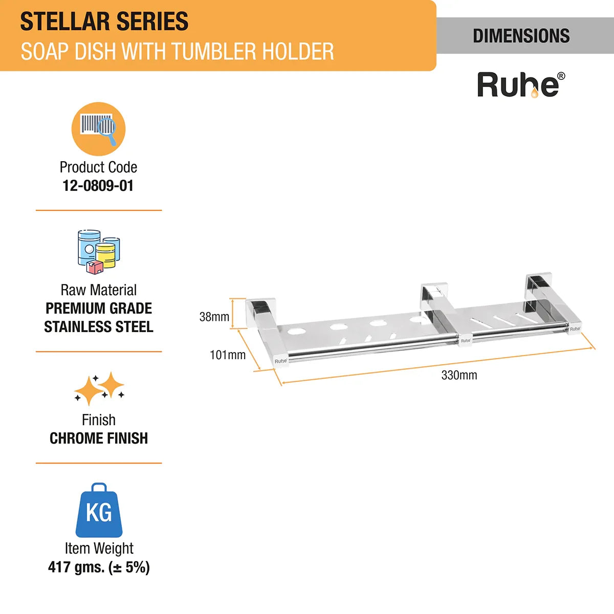 Stellar Stainless-Steel Soap Dish with Tumbler Holder dimensions and size