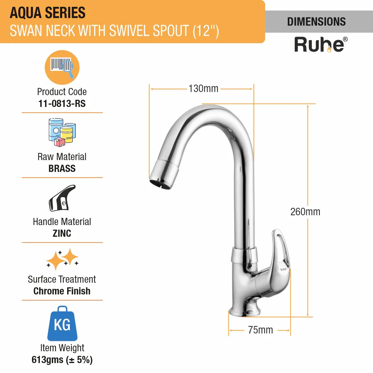 Aqua Swan Neck with Small (12 inches) Round Swivel Spout Faucet dimensions and size