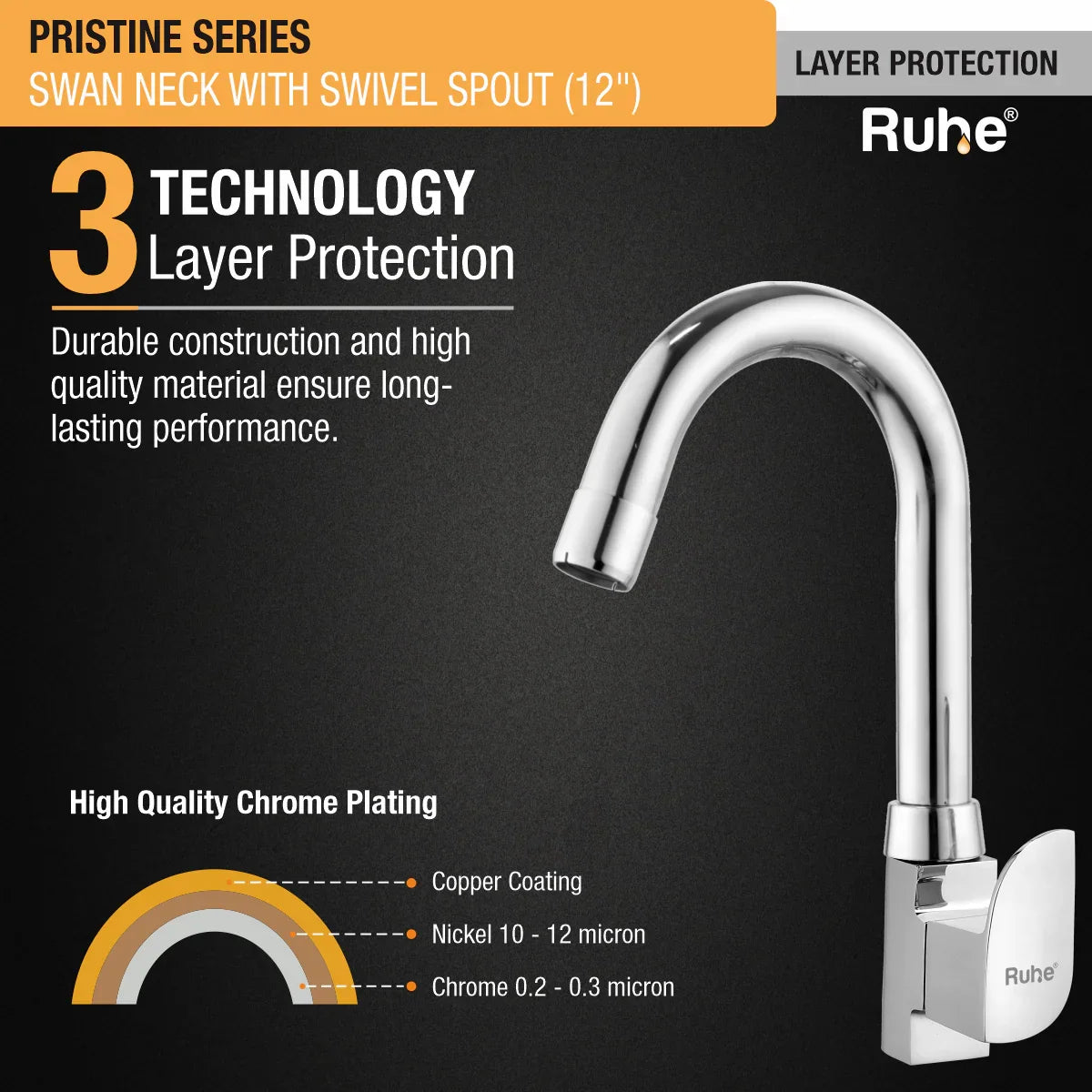 Pristine Swan Neck with Small (12 inches) Round Swivel Spout Brass Faucet 3 layer protection