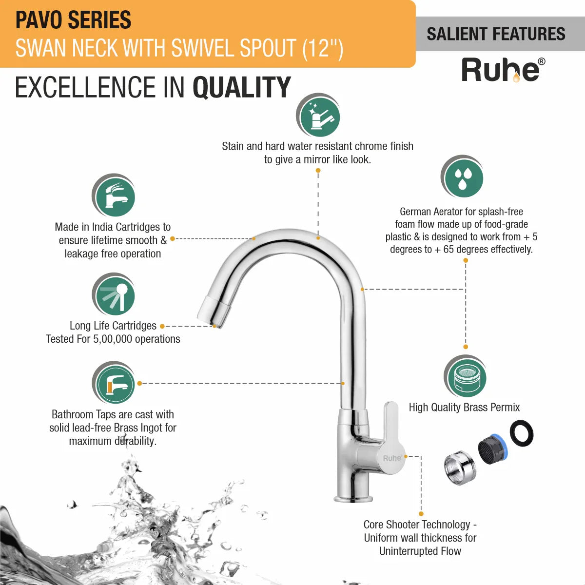 Pavo Swan Neck with Small (12 inches) Round Swivel Spout Brass Faucet features