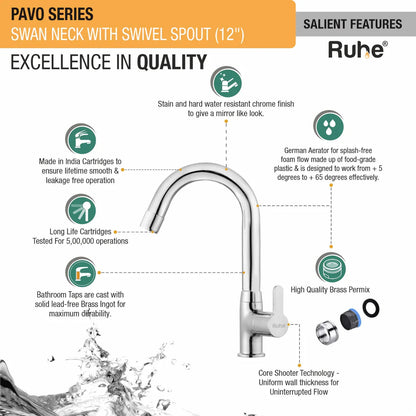 Pavo Swan Neck with Small (12 inches) Round Swivel Spout Brass Faucet features