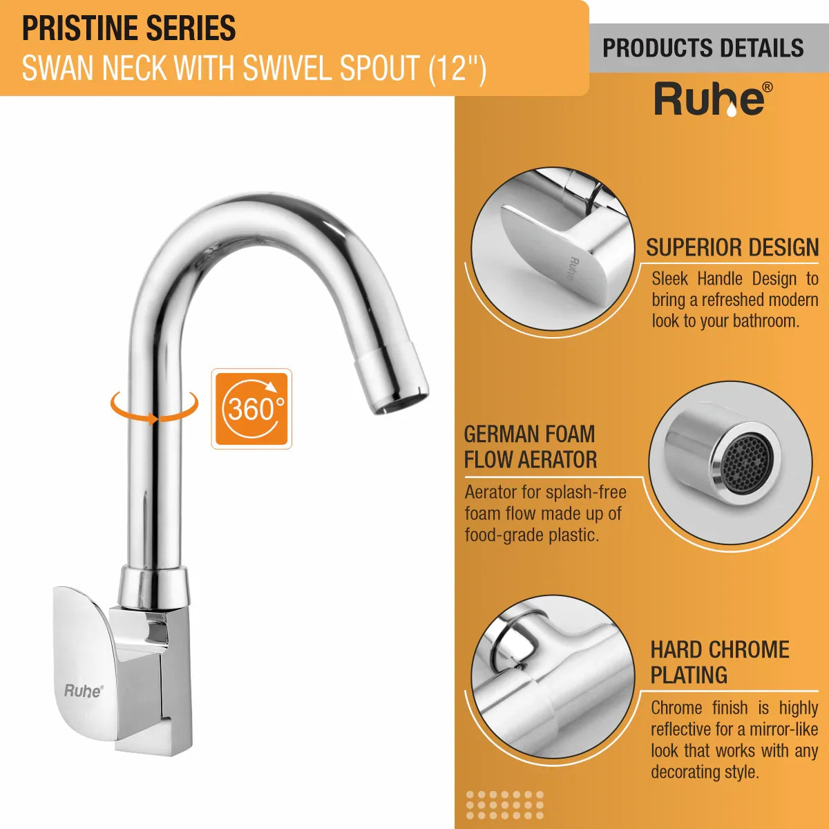 Pristine Swan Neck with Small (12 inches) Round Swivel Spout Brass Faucet product details