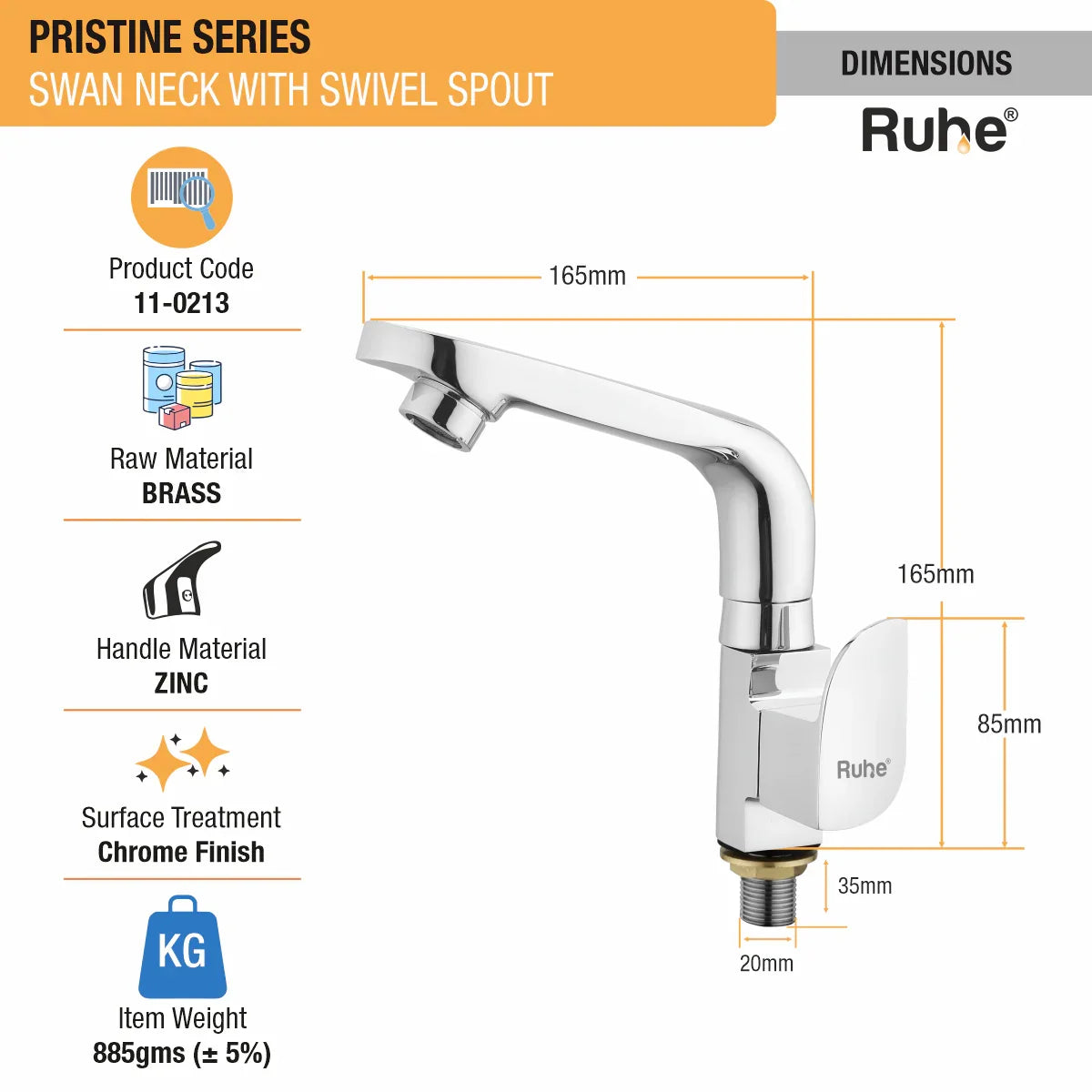 Pristine Swan Neck with Small (7 inches) Swivel Spout Brass Faucet dimensions and size