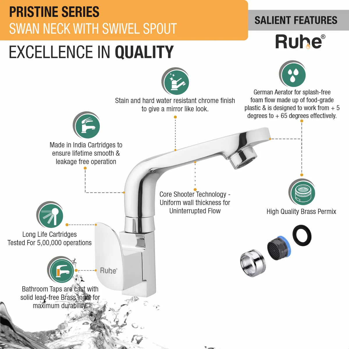 Pristine Swan Neck with Small (7 inches) Swivel Spout Brass Faucet features