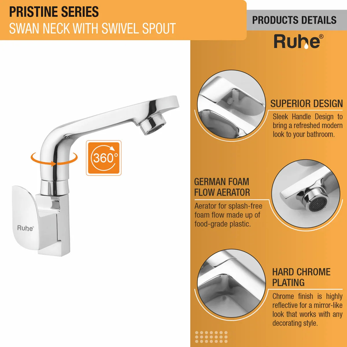 Pristine Swan Neck with Small (7 inches) Swivel Spout Brass Faucet product details