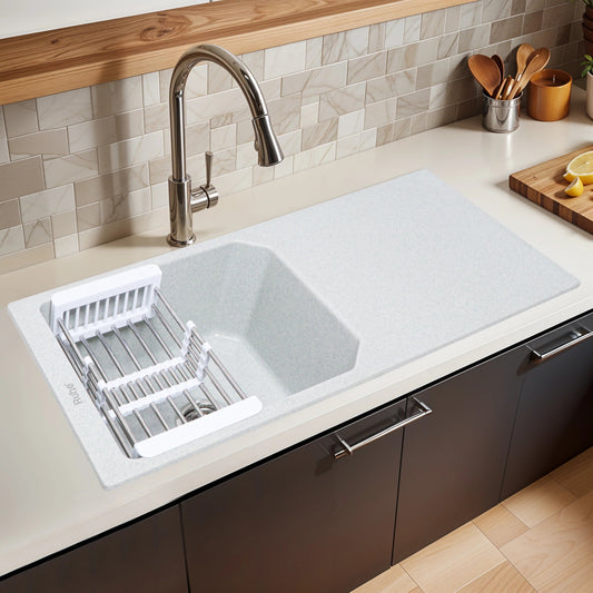 Sand Pluto Quartz Single Bowl with Drainboard Kitchen Sink (39 x 20 x 9 inches)