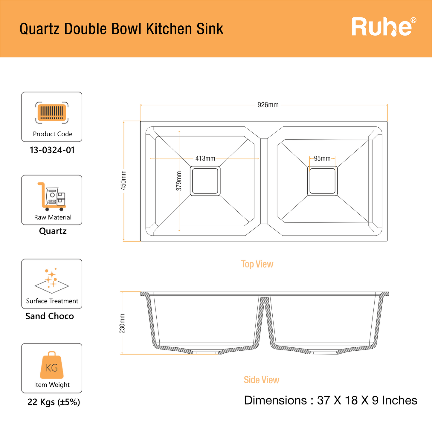 Sand Choco Quartz Double Bowl Kitchen Sink (37 x 18 x 9 Inches) (Dimensions)