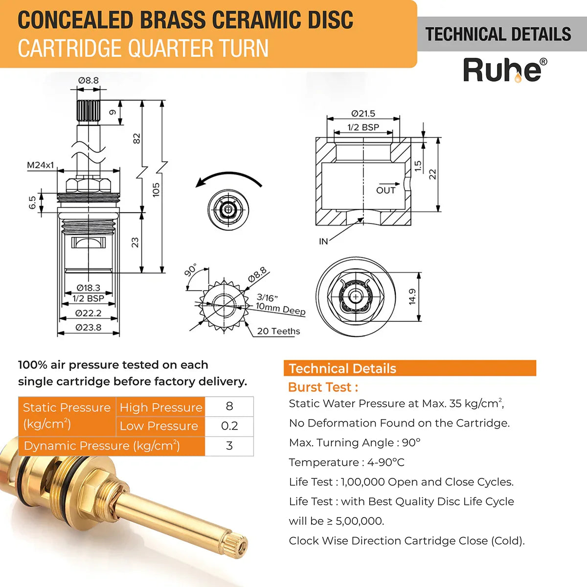 Concealed Brass Ceramic Disc Cartridge (Quarter-Turn) (Pack of 4) technical details