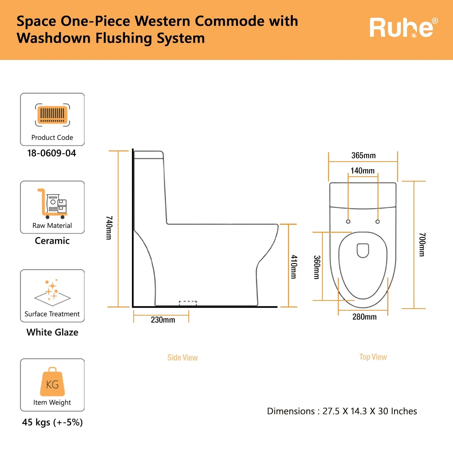 Space One-Piece Western Commode(Dimensions)