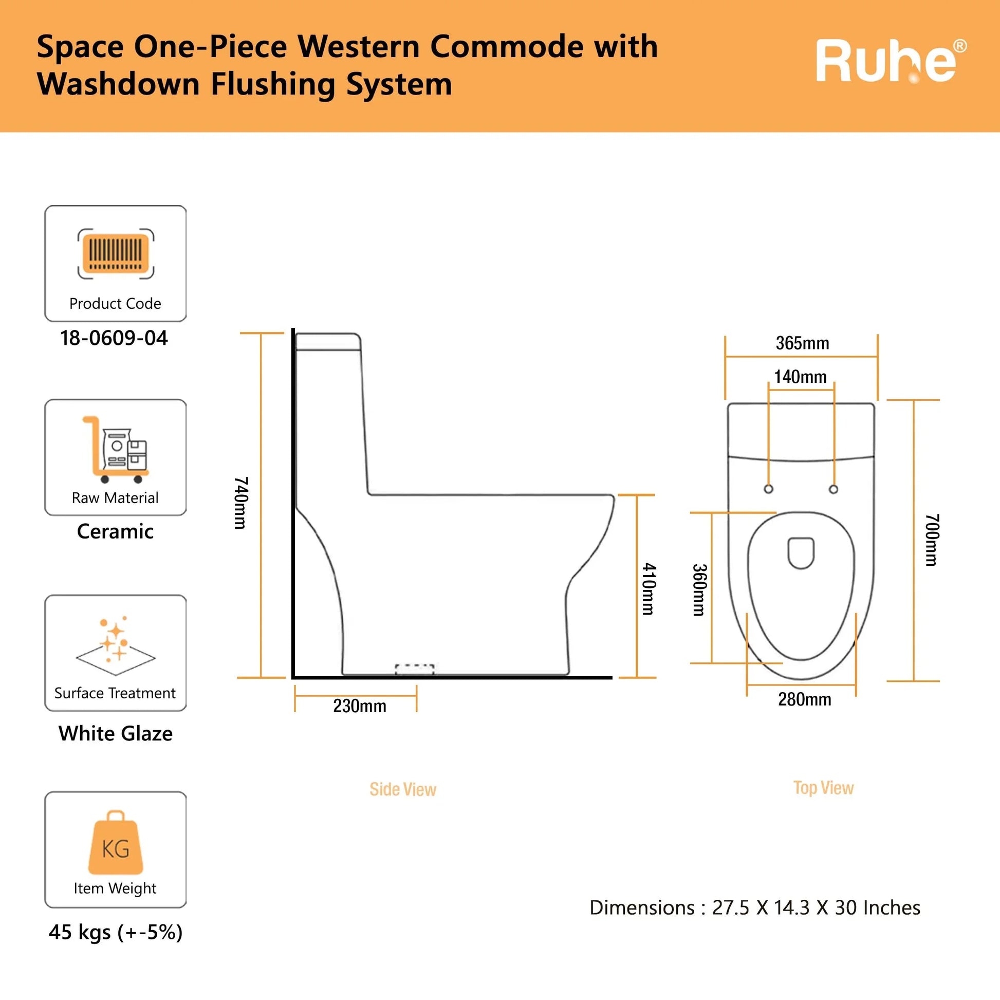 Space One-Piece Western Commode(Dimensions)