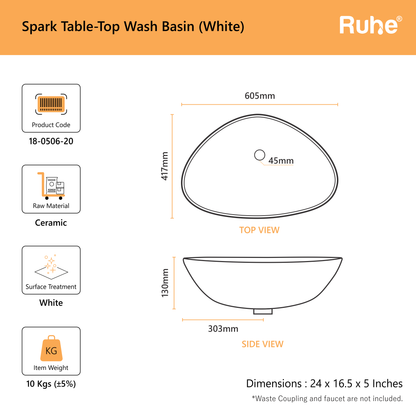 Spark Table Top Wash Basin (dimensions)