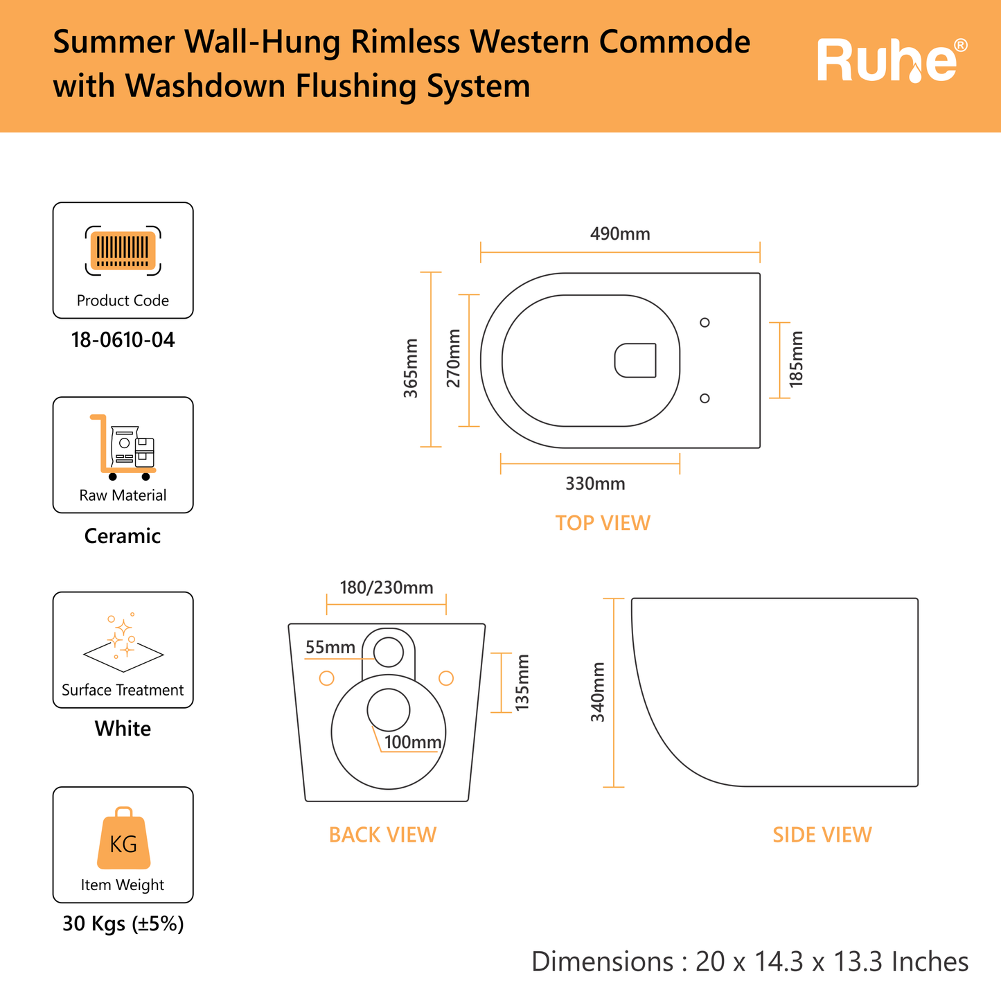 Summer Wall-Hung Western Commode(Dimensions)