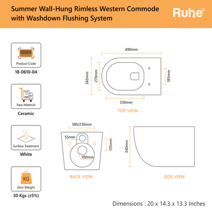 Summer Wall-Hung Western Commode(Dimensions)
