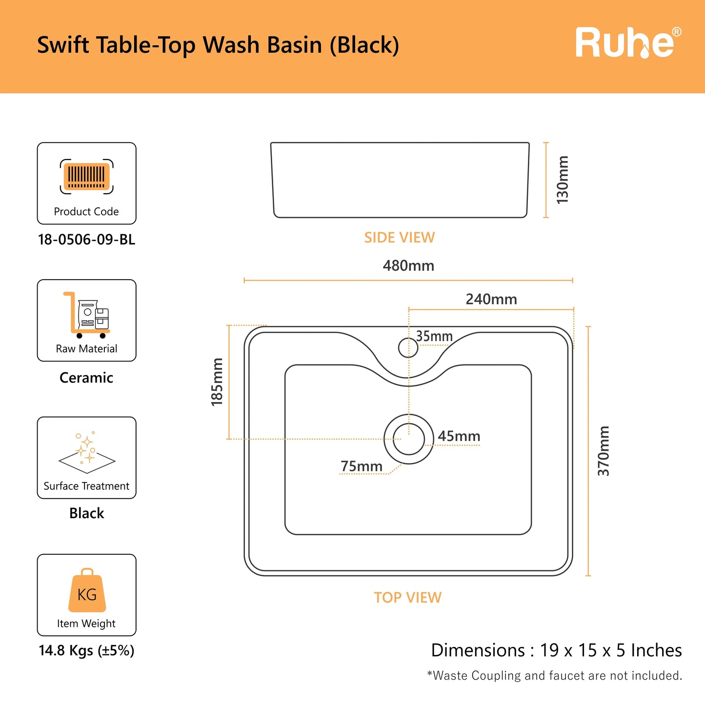 Swift Table-Top Wash Basin Black (dimensions)