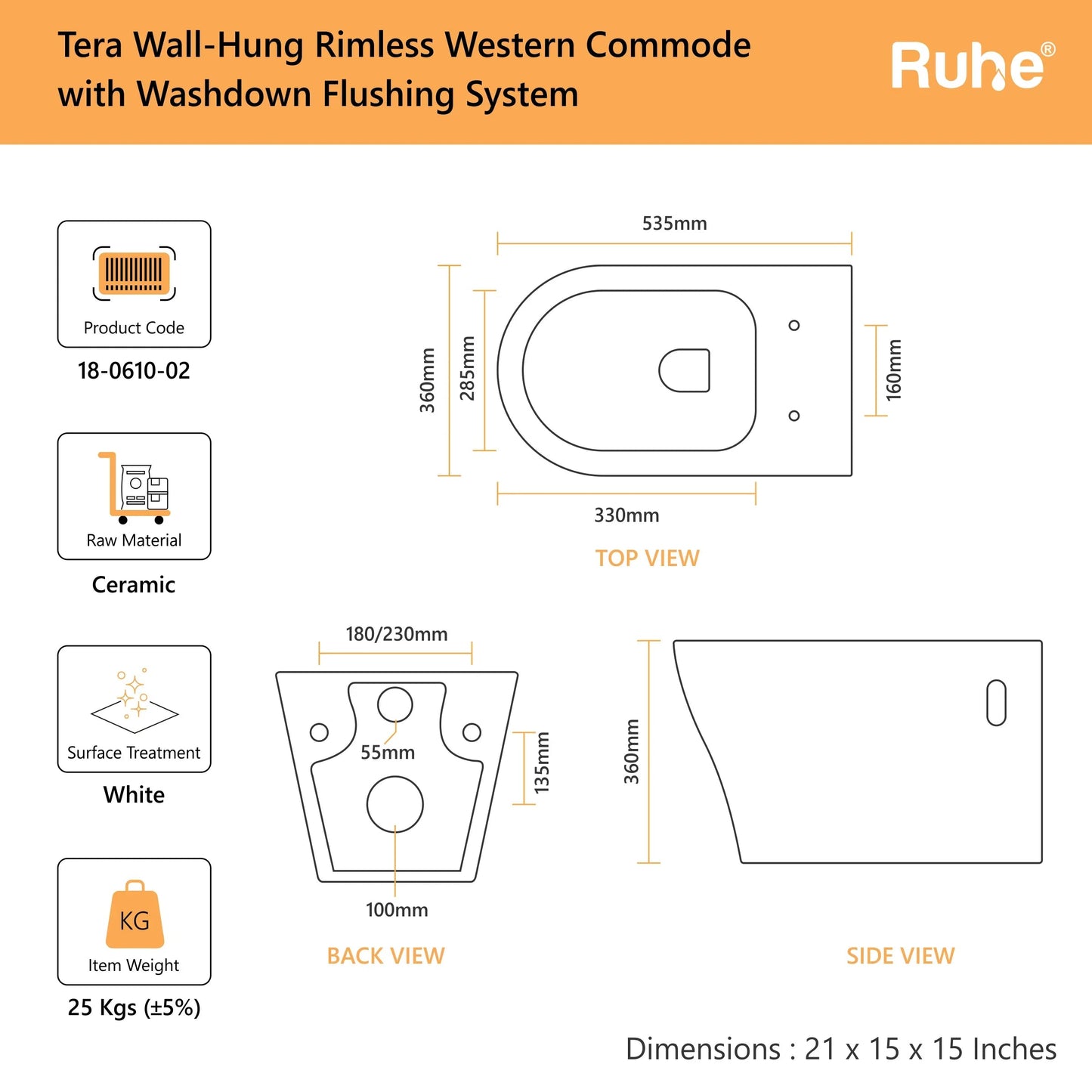 Tera Wall-Hung Western Commode(Dimensions)
