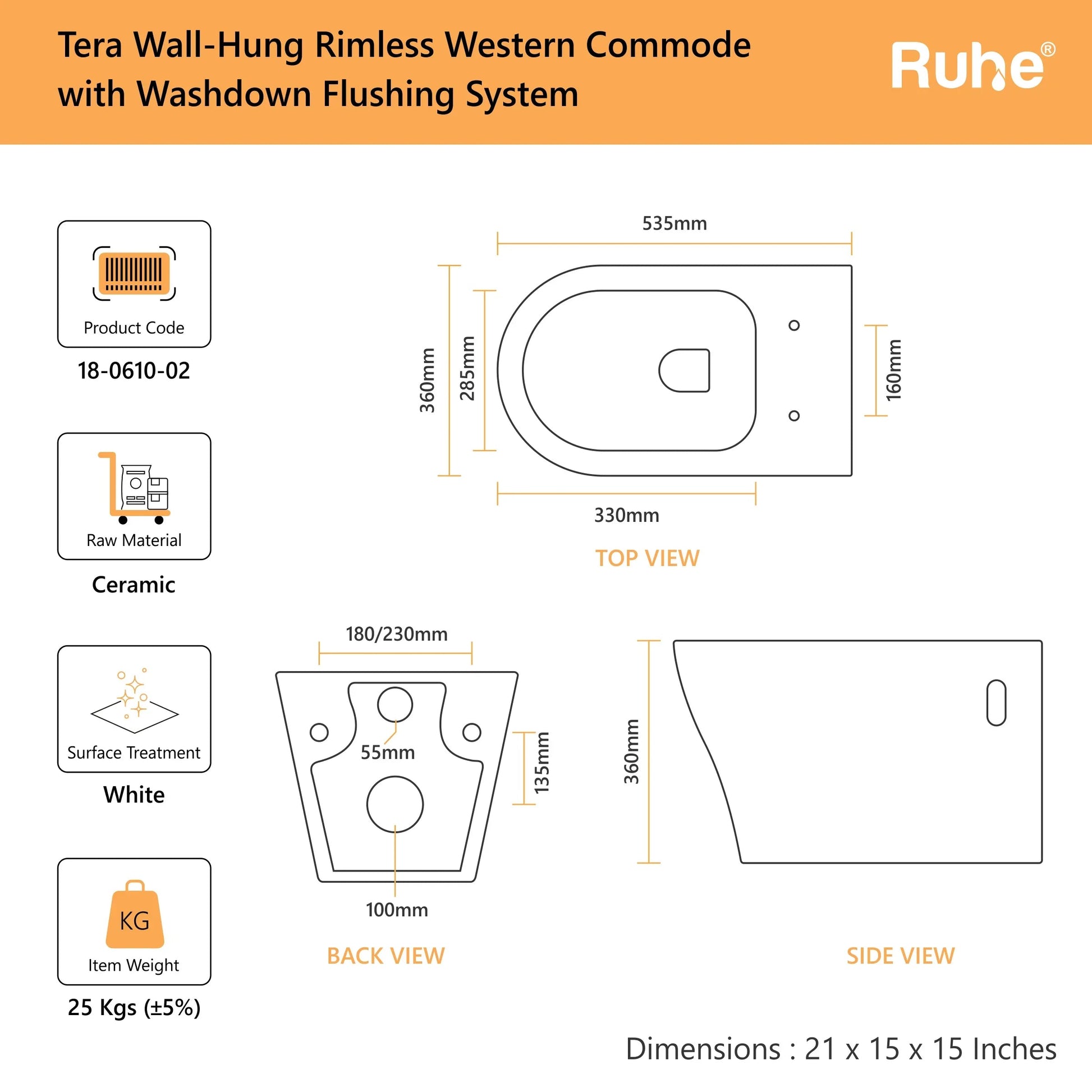 Tera Wall-Hung Western Commode(Dimensions)