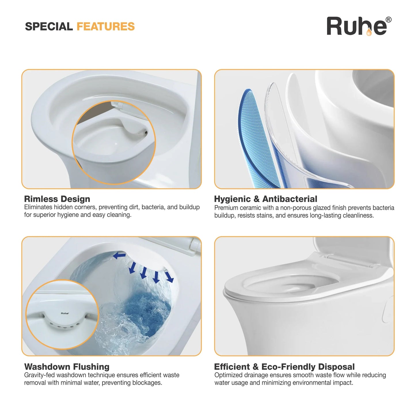 Tera Wall-Hung Western Commode, rimless design