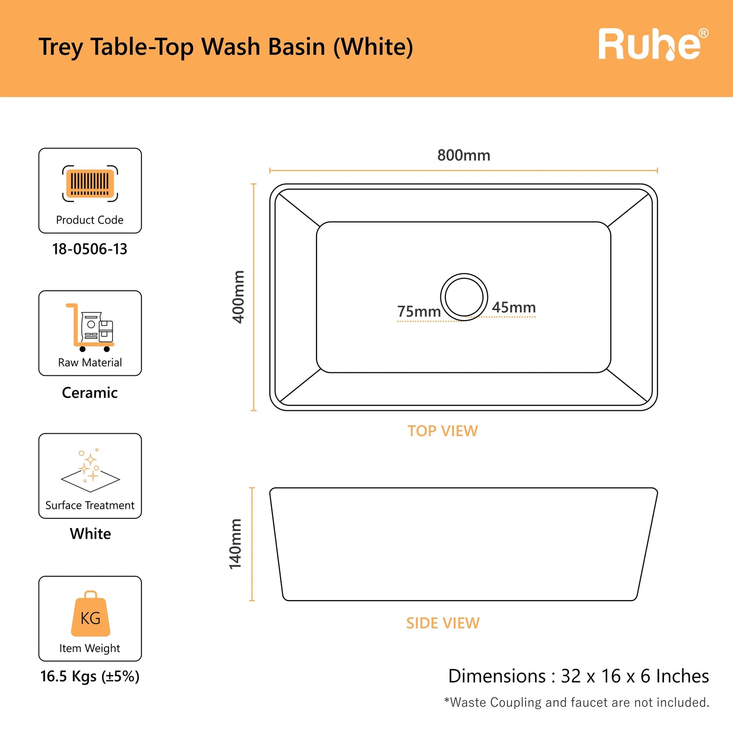 Trey Table Top Wash Basin (dimensions)