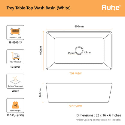 Trey Table Top Wash Basin (dimensions)