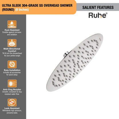 Ultra Sleek 304-grade SS Overhead Shower (Round) (8 Inches)