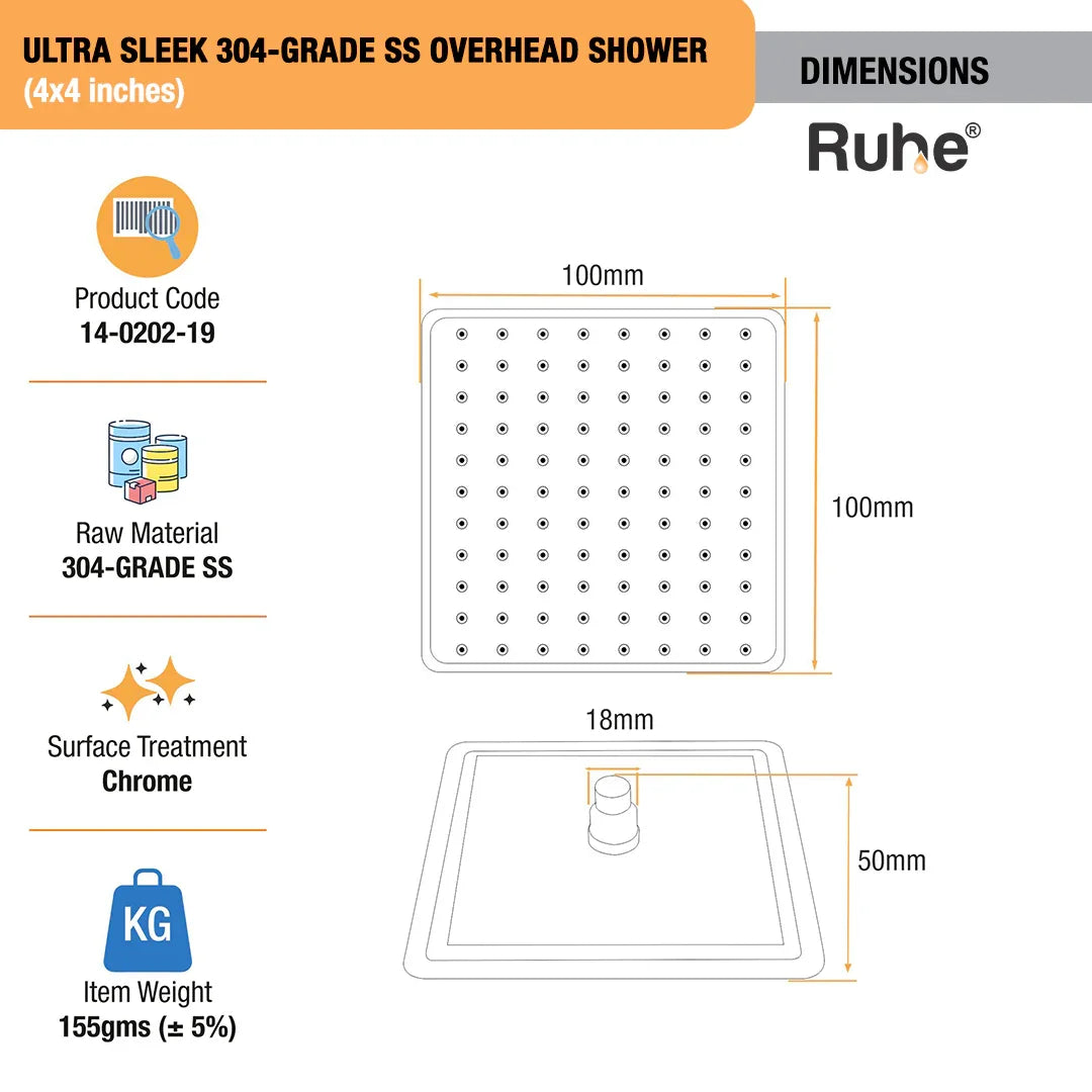 Ultra Sleek 304-grade SS Overhead Shower (4 x 4 Inches)
