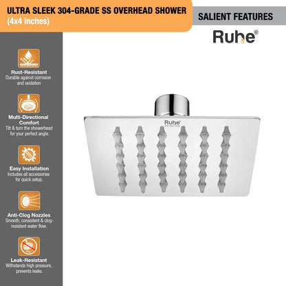 Ultra Sleek 304-grade SS Overhead Shower (4 x 4 Inches)