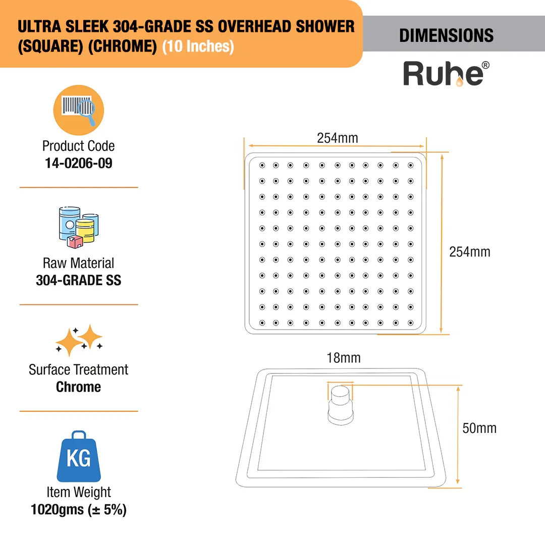 Ultra Sleek 304-grade SS Overhead Shower (Chrome) (10 x 10 Inches)
