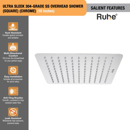 Ultra Sleek 304-grade SS Overhead Shower (Chrome) (10 x 10 Inches)