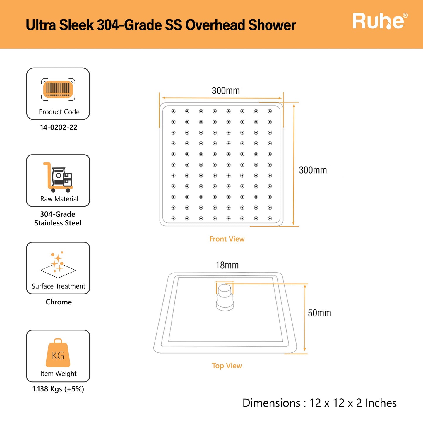 Ultra Sleek 304-Grade SS Overhead Shower 12 Inches Dimensions