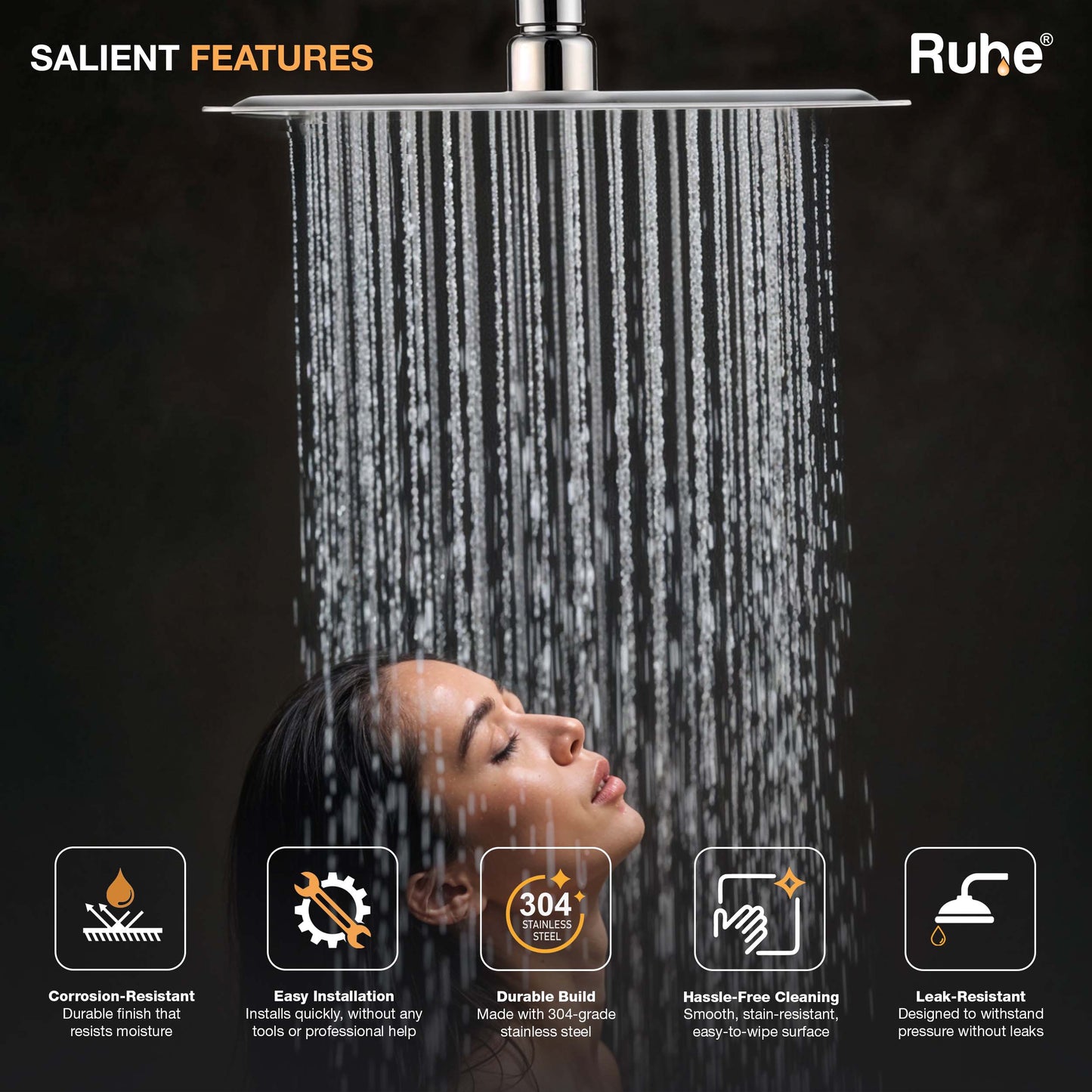 Ultra Sleek 304-Grade SS Overhead Shower 12 Inches Salient Features