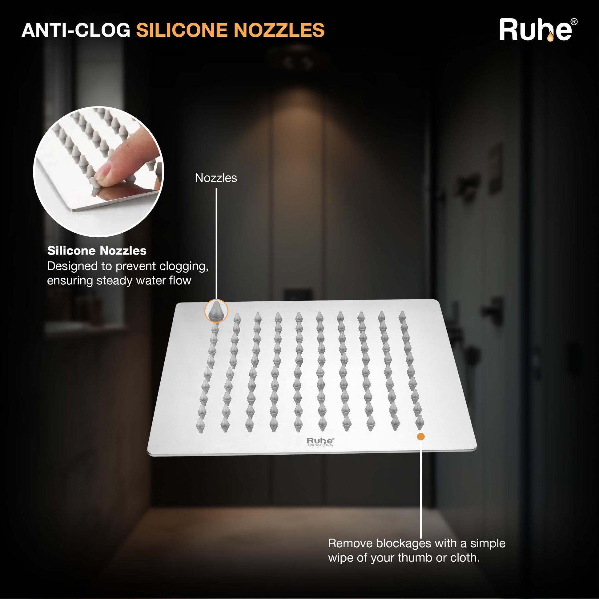 Ultra Sleek 304-Grade SS Overhead Shower 12 Inches Silicone Nozzles