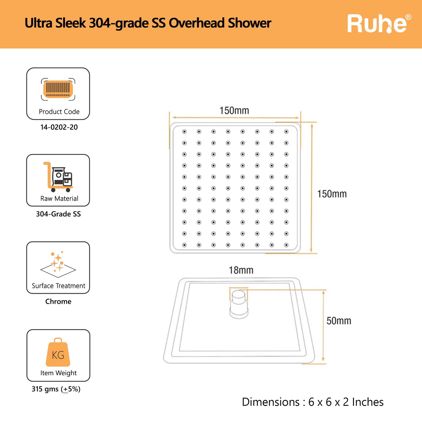 Ultra Sleek 304-Grade SS Overhead Shower 6 Inches Dimensions