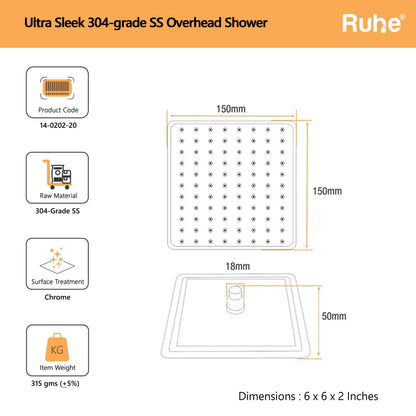 Ultra Sleek 304-Grade SS Overhead Shower 6 Inches Dimensions