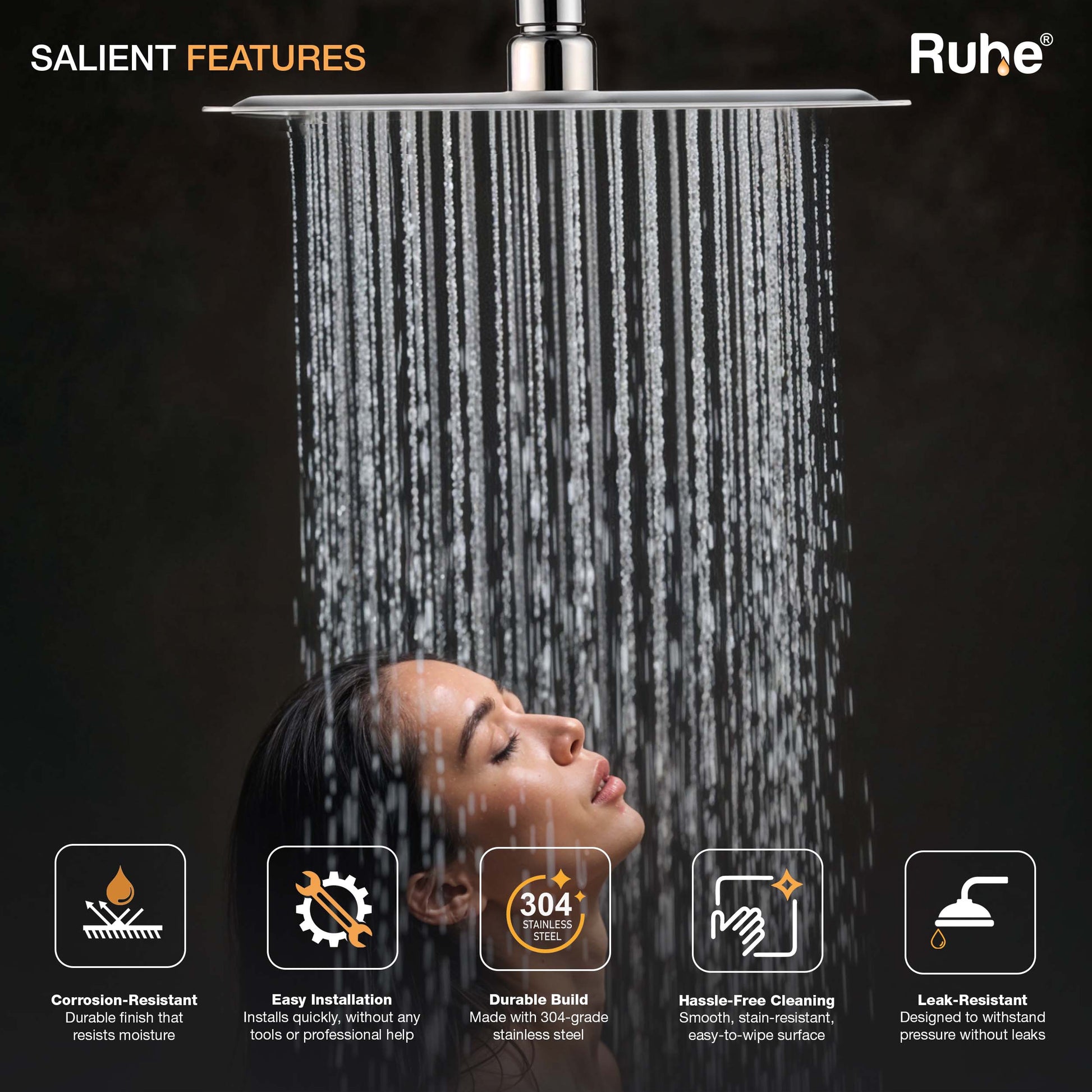 Ultra Sleek 304-Grade SS Overhead Shower 6 Inches Salient Features