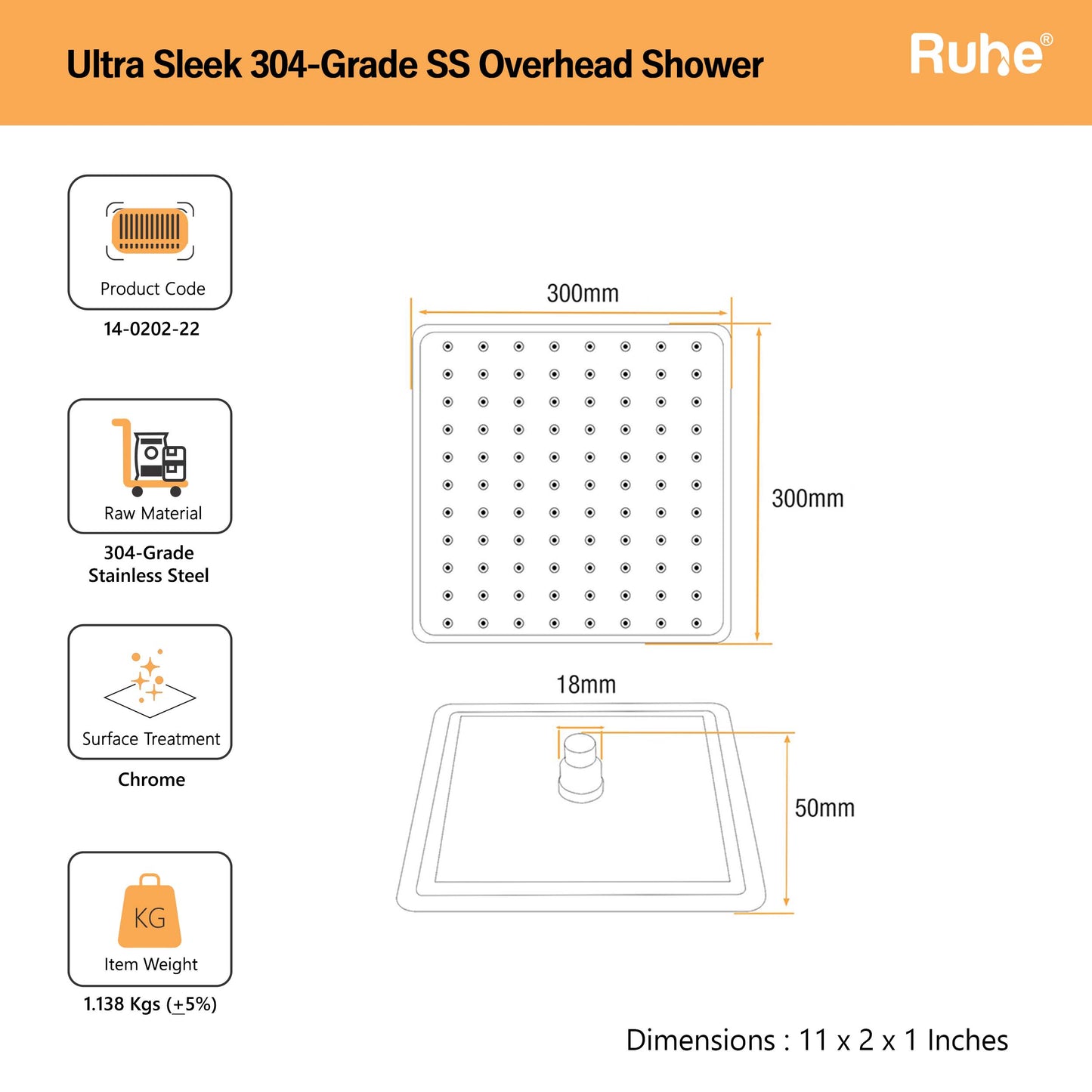 Ultra Sleek 304-Grade SS Overhead Shower 8 Inches Dimensions