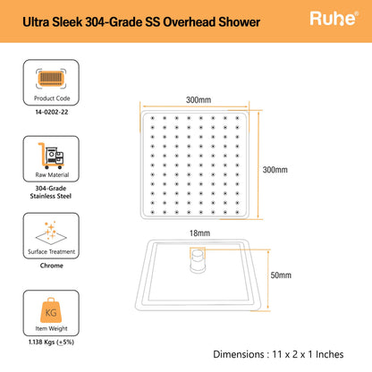 Ultra Sleek 304-Grade SS Overhead Shower 8 Inches Dimensions