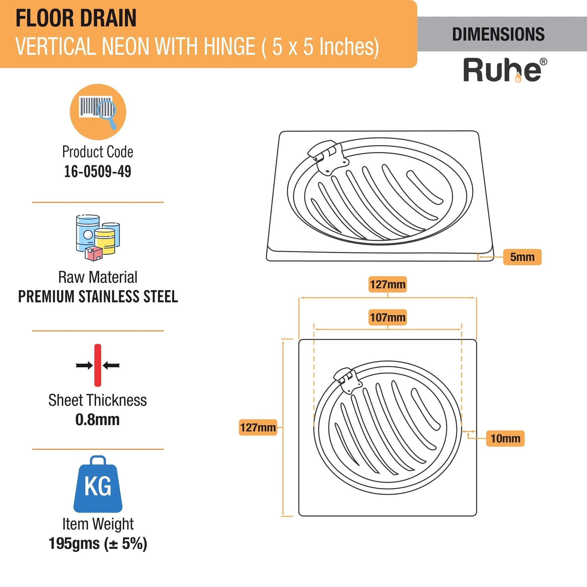 Vertical Neon Square Floor Drain (5 x 5 Inches) with Hinge sizes