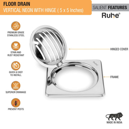 Vertical Neon Square Floor Drain (5 x 5 Inches) with Hinge features