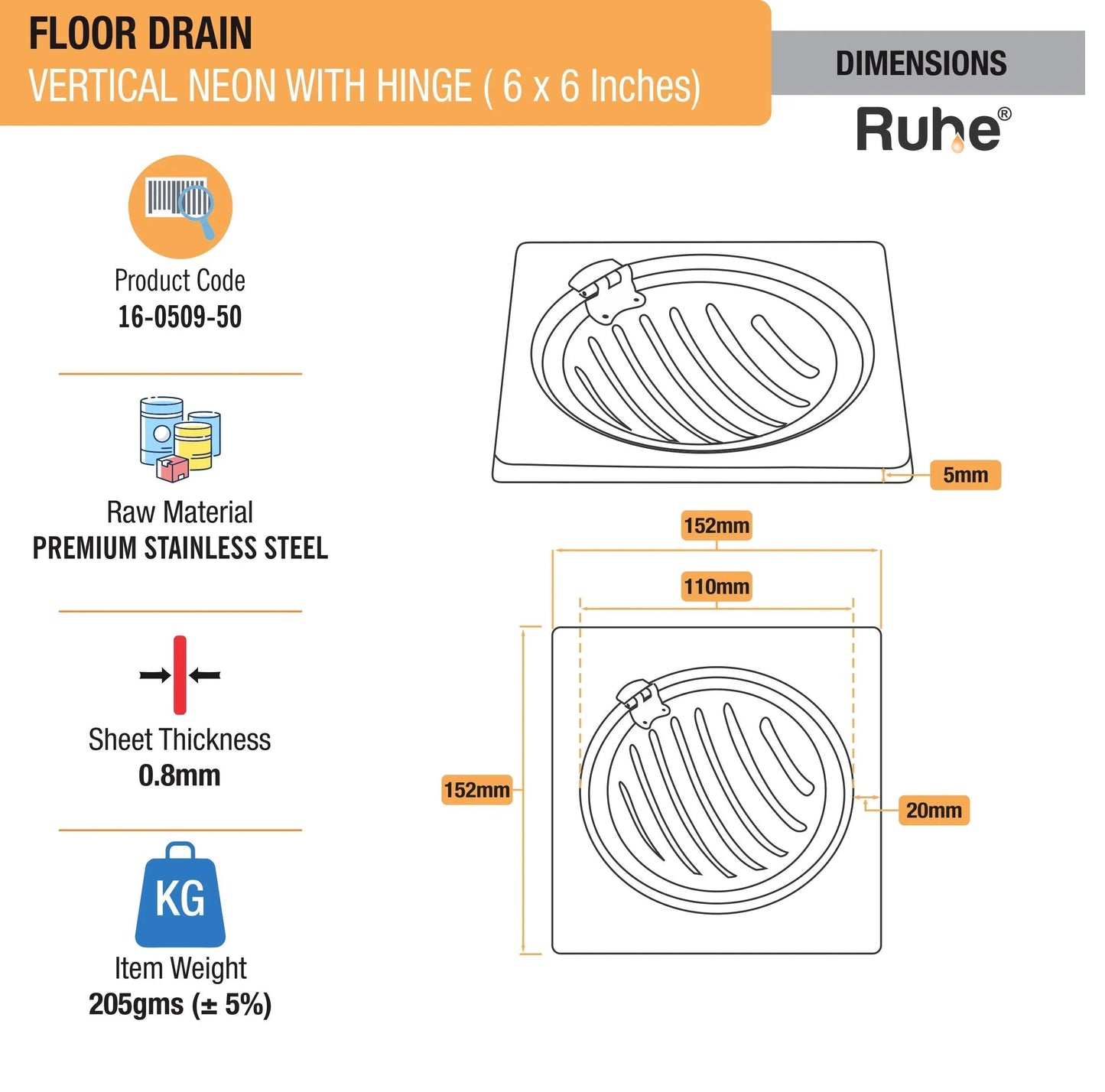 Vertical Neon Square Floor Drain (6 x 6 inches) with Hinged Grating Top sizes