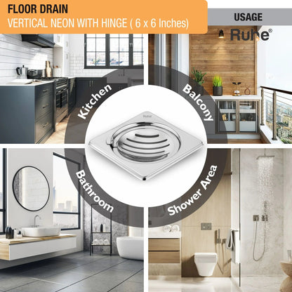 Vertical Neon Square Floor Drain (6 x 6 inches) with Hinged Grating Top usage