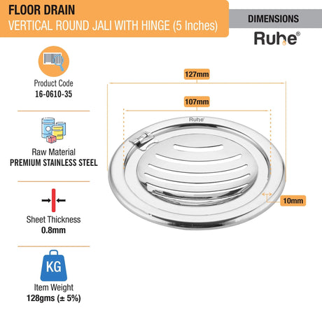 Vertical Round Jali Floor Drain (5 Inches) with Hinged Grating Top (Pack of 2) dimensions and sizes