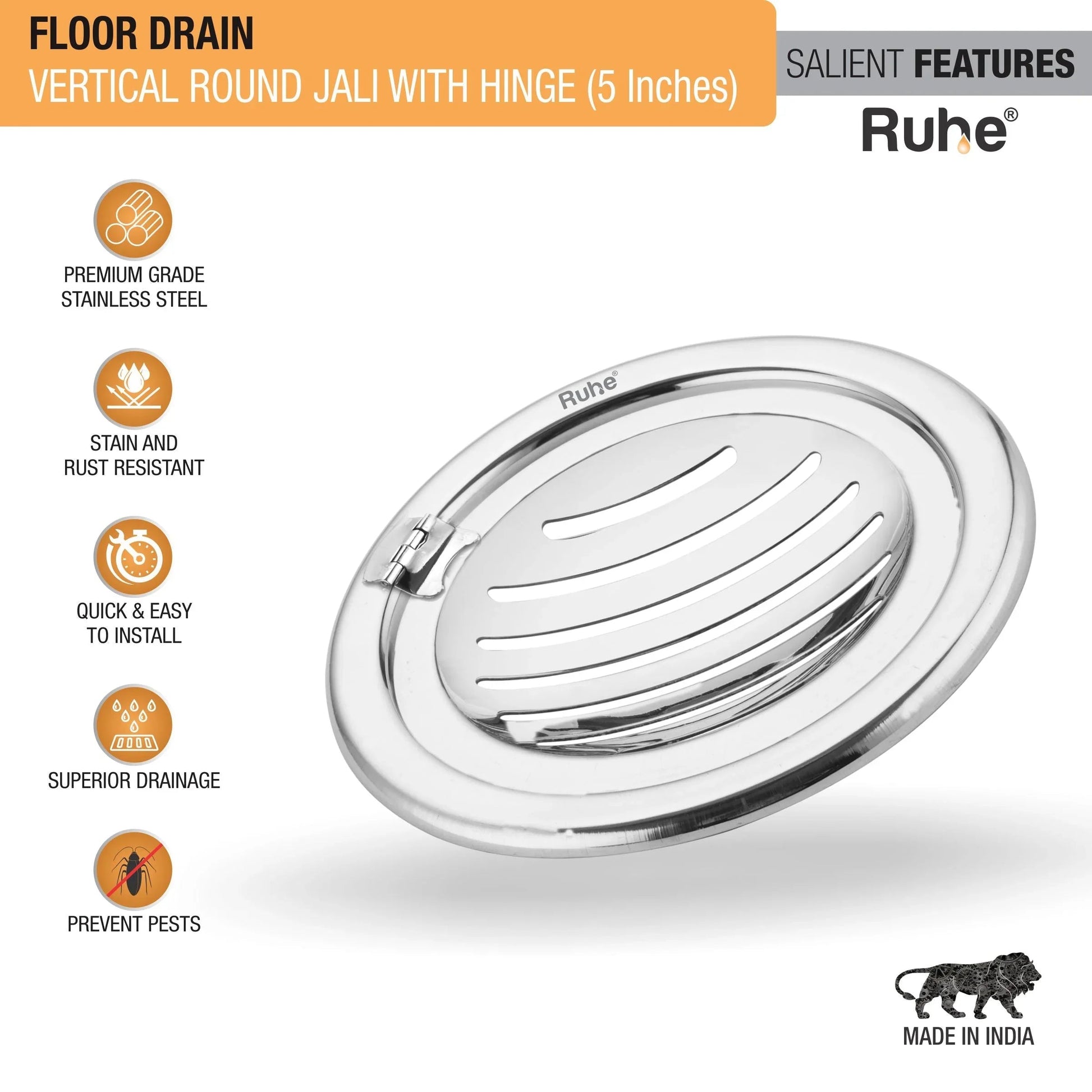 Vertical Round Jali Floor Drain (5 Inches) with Hinged Grating Top (Pack of 2) features