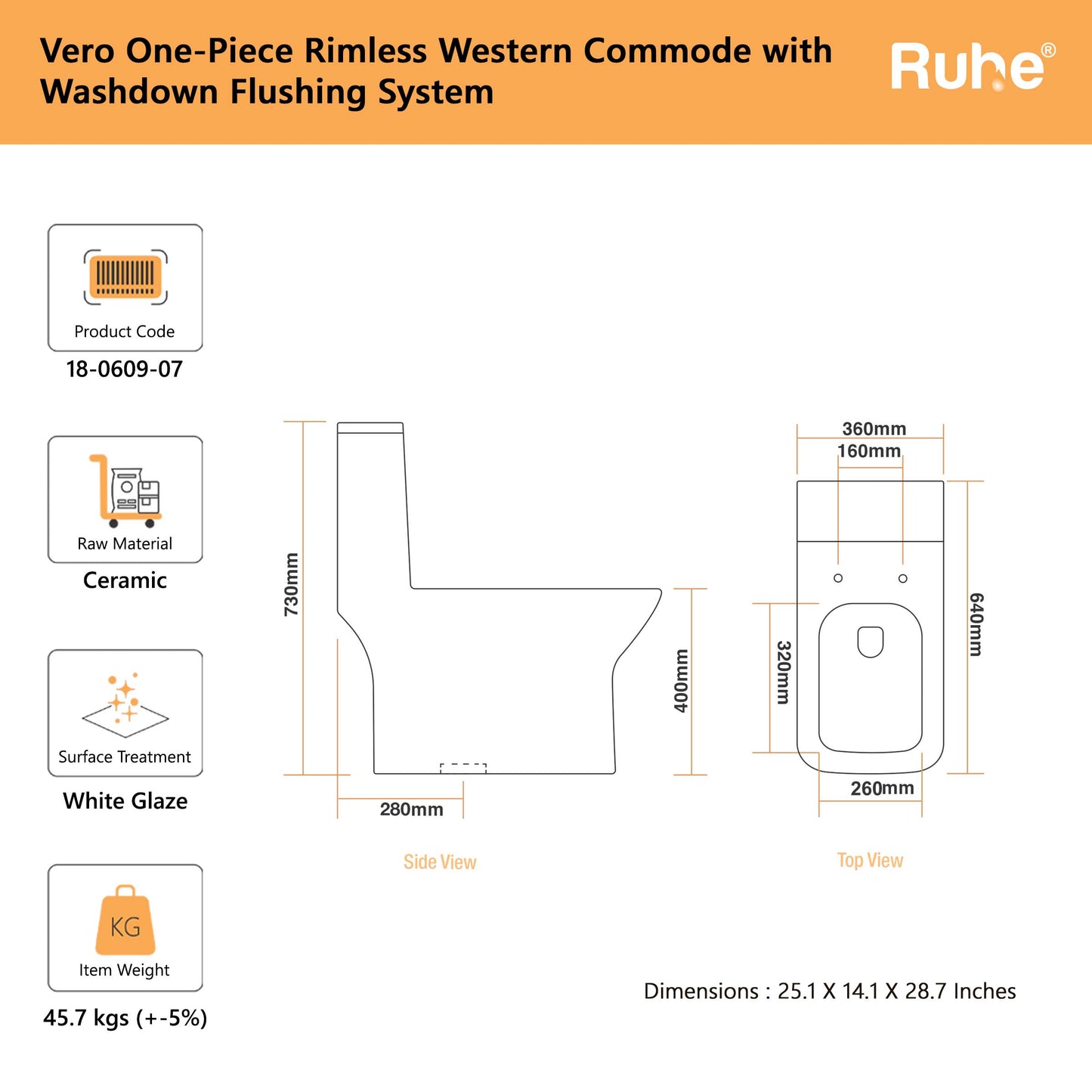 Vero One-Piece Western Commode(Dimensions)