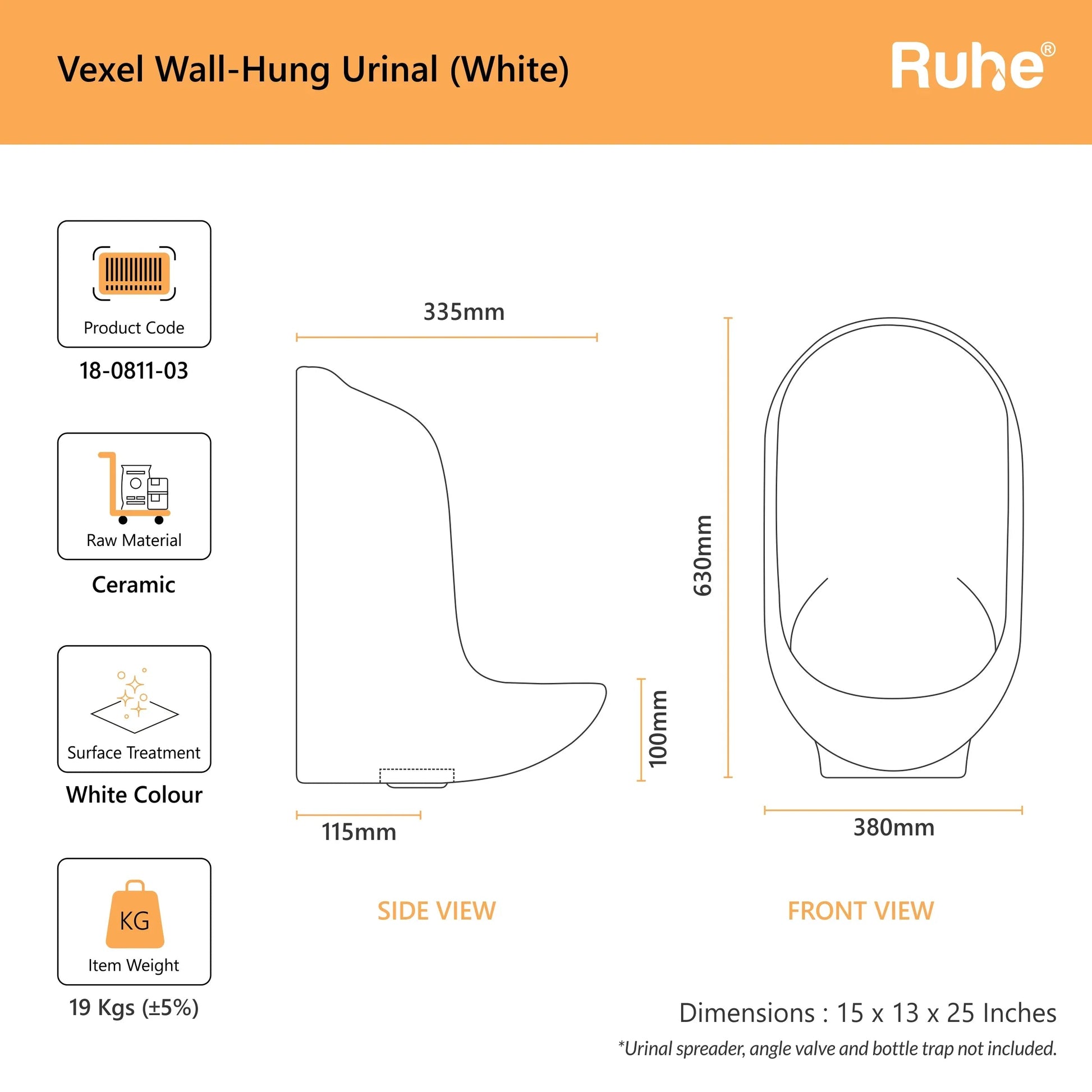 Vexel Wall-Hung Urinal, Dimensions