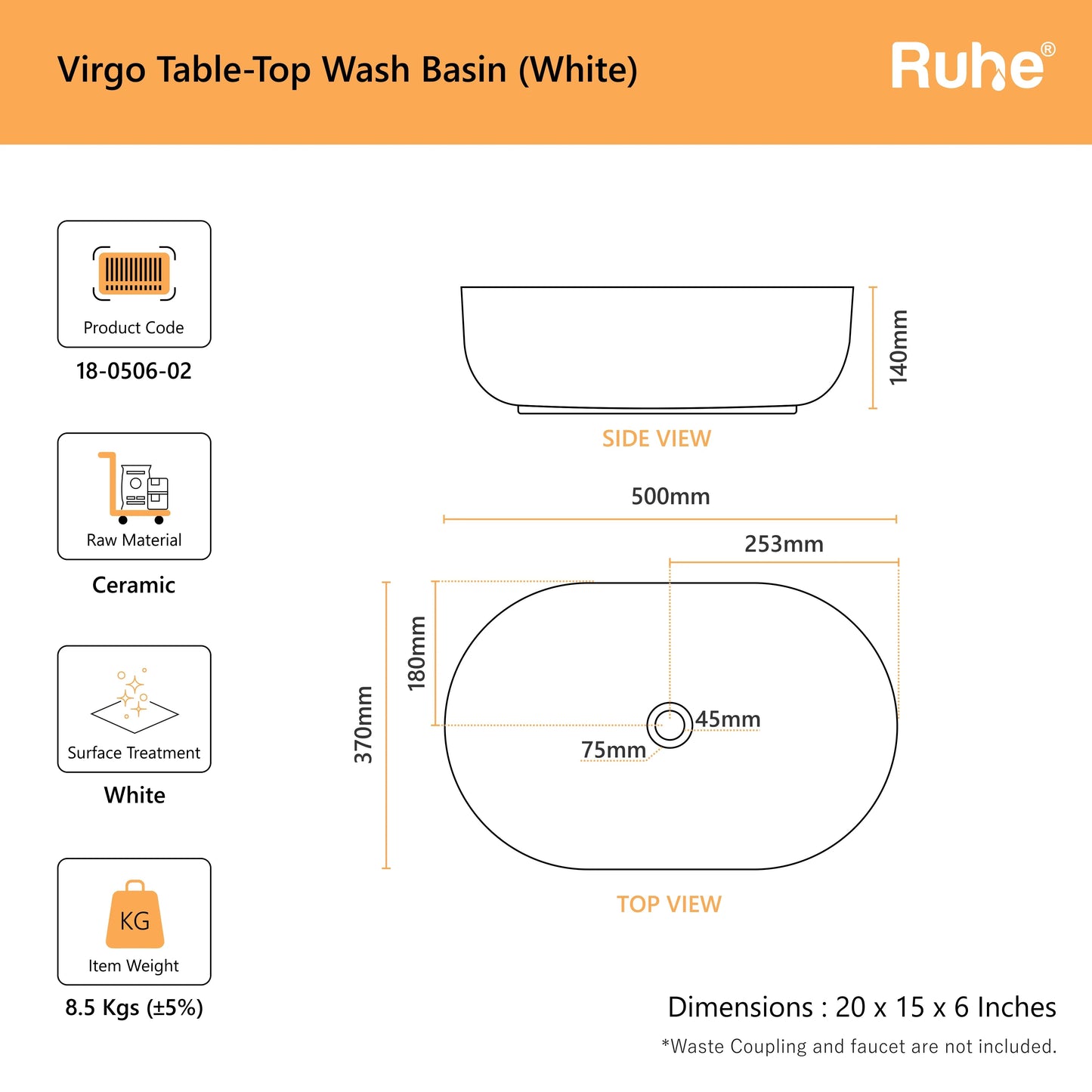 Virgo Table-Top Wash Basin (dimensions)