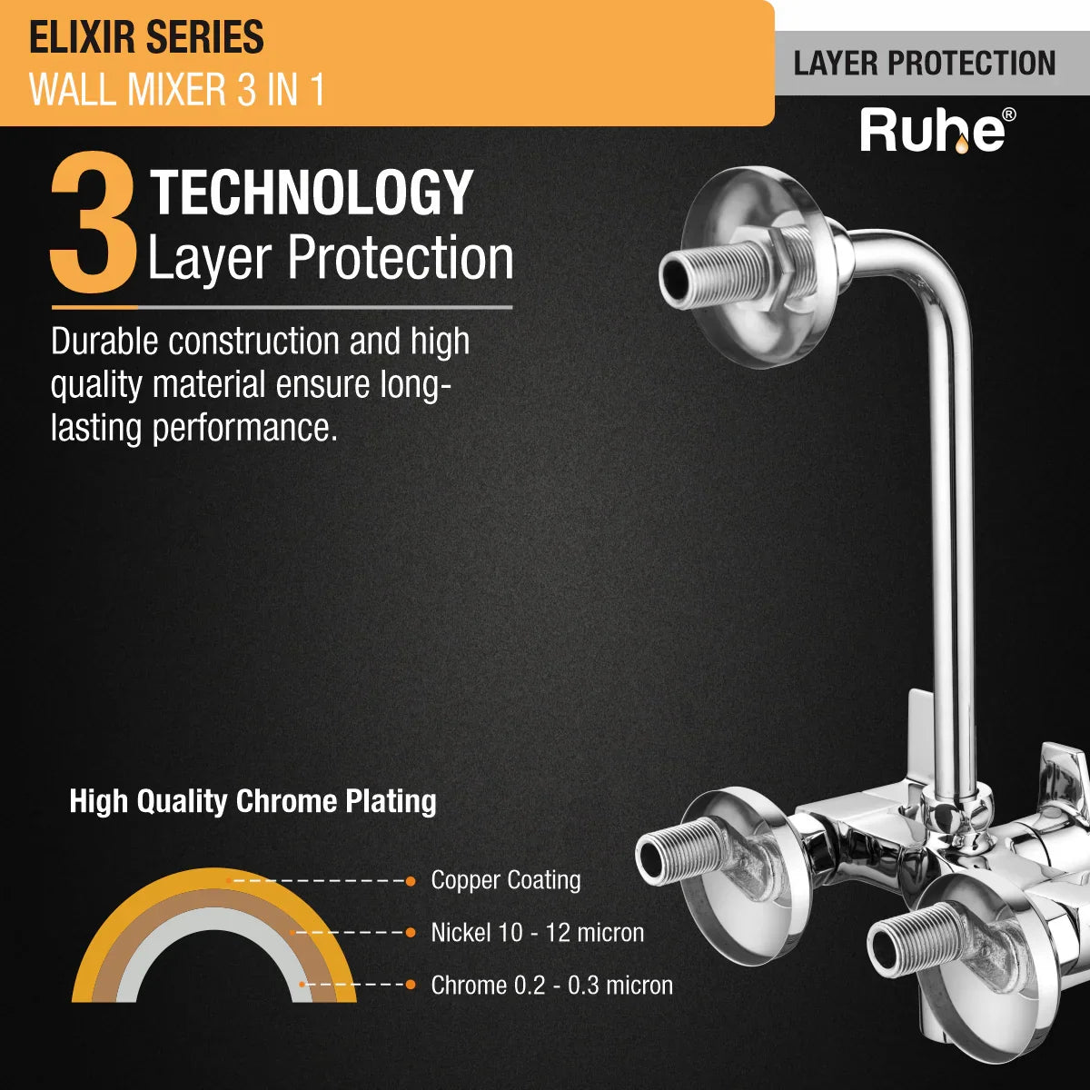Elixir Wall Mixer 3-in-1 Brass Faucet 3 layer protection