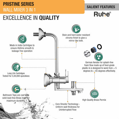 Pristine Wall Mixer 3-in-1 Brass Faucet features