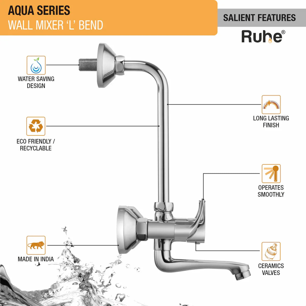 Aqua Wall Mixer Brass Faucet with L Bend features