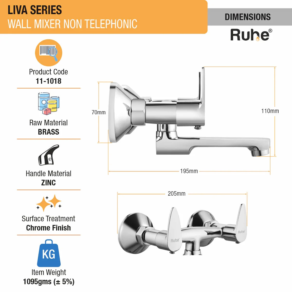 Liva Wall Mixer Brass Faucet (Non-Telephonic) dimensions and size